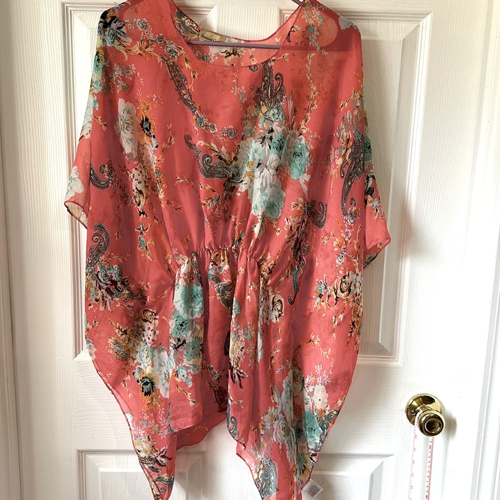 EUC Sunset Cove beach coverup in a rich coral & floral pattern elastic waist